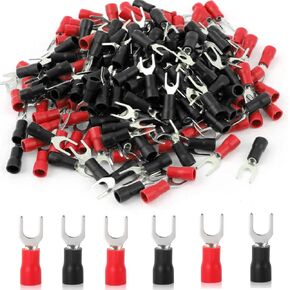 Teansic 200 Pcs 22-16 AWG #8 Black & Red Insulated Fork Spade Wire Connector U Type Electrical Crimp Terminals (100 Pcs Red +100 Pcs Black)