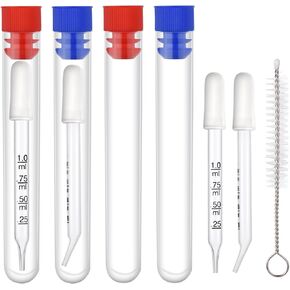 4pcs 1ml Eye Dropper, Glass Squeeze Pipette with Measurements Bent & Straight Tip Calibration Liquid Dropper Bottle with Cleaning Brush Rubber Head for Medicine Oil Laboratory Feeding Tool (White)