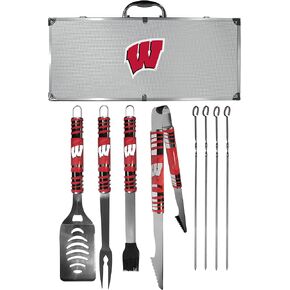 NCAA Siskiyou Sports Fan Shop Wisconsin Badgers Steel Tailgater BBQ مجموعة مع حقيبة 8 قطع رمادي