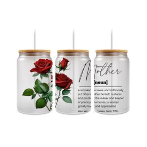 Mother's Day Flower Glass Cup with Bamboo Lid and Straw, 16 oz, Rose Print Canteen Gift