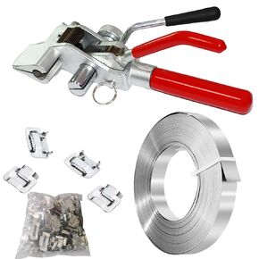 TIEKJOT Steel Banding Strapping Tool Kit Metal Packaging Strapping Tensioner Heavy Duty Stainless Pallet Belt Sealer Tool with 100pcs Buckle,3/4" x 100 Feet Banding Coil
