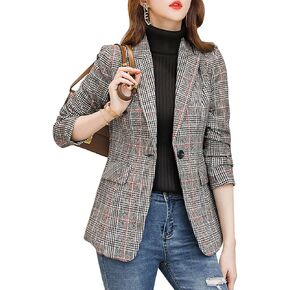 Leyoutx Womens Plaid Blazer Classic Notch Lapel Button Long Sleeve Slim Checker Jacket Outwear