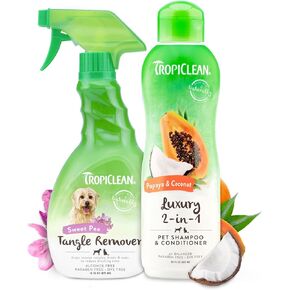 TropiClean Bundle 2-in-1 Papaya & Coconut Dog Shampoo and Conditioner and Sweet Pea Cat & Dog Detangler Spray Dematting Set | Derived from Natural Ingredients | Made in The USA | Set of 2