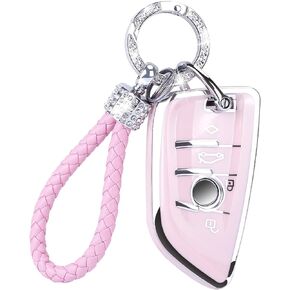 COGEEK Key Fob Cover with Bling Lanyard, Compatible with Altima Rogue Sentra Pathfinder Maxima Titan Murano Kicks Soft TPU Smart Key Shell Holder 4 Buttons(Pink)