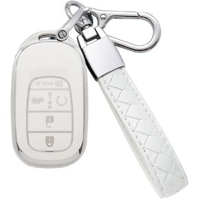 Kespevn for Honda Key Fob Cover 5 Button Soft TPU with Leather Keychain 360 Degree Protection Key Case Shell Holder Fits for 2022 2023 2024 Honda Accord Civic HR-V CR-V Pilot Odyssey, B White