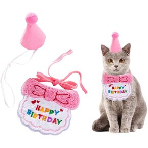 2 PCS Cat Birthday Hat Cat Costume Accessories Pink Cat Birthday Gift Decorations Set with Soft Scarf Adorable Hat