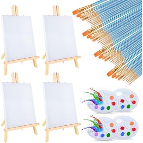 Easel & Canvas Sets 52 Pcs Painting Supplies(4 PCS Easels+4 PCS Canvases+ 40 PCS Brushes+4 PCS Palettes)16 Inch Tabletop Easel Wooden Art Easel for Kids & Adults/Sip and Paint Party Supplies