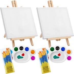 26 Pcs Painting Set with Easels, 2 Wooden Art Easels, 2 Canvases, 2 Plastic Palettes, 20 Brushes, Painting Kit for Adults Party Supplies for Kids, No Paint