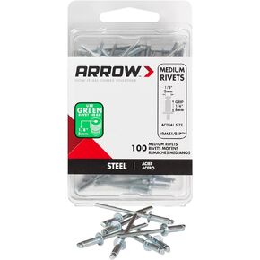 Arrow Fastener RMS1/8IP Medium Steel 1/8-Inch Pop Rivets for Metal, Fabric, Leather, and Auto Repair, 100-Pack, 1/8 Inch, 100
