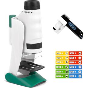 Science Can Microscope for Kids Pocket Microscope 60X-120X with 12 PCS Prepared Slides LED Light Outdoor Portable Mini Microscope Educational Science Kit for Kids Age 8+ Boys Girls Gift