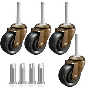 Antique Brass Casters with Rubber Wheels 1-5/8" Stem Caster Replacement for Chairs, Sofa, Dresser | Vintage Furniture Rollers for Hardwood Floor Set of 4