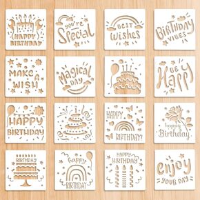 16 Pieces Happy Birthday Stencil for Cakes, 5.9x5.9 inch Happy Bithday Drawing Templates, Reusable Bithday Cake Stencils, Birthday Stencils for Painting