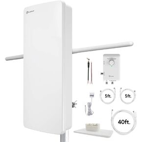 ANTOP HDTV ＆ FM Amplified Antenna Outdoor Indoor 85 Miles AT-800SBS Antenna with Dual Outputs Smart Boost System, Support TV and Second Device-FM Stereo, a Second TV or Any OTA-Ready Streaming Device