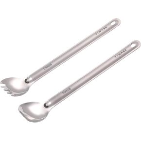 Lot of 2 Titanium Long Handle Spoon & Spork (2 in 1 spoon & fork) Outdoor Ultralight Portable Stirring/Mixing Cookware Polished bowl Flatware for Kitchen Camping Hiking Traveling w. Storage bag