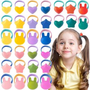 OIIKI Cute Hair Ties for Girls 30pcs, Cartoon Elastic Rubber Bands Hair Ropes Soft Ponytail Holders, Colorful Small Star Heart Rabbit Hair Accessories for Toddler Baby Children Kids Teens