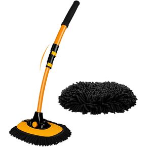15°Curved Car Wash Brush with Long Handle 43" Extension Pole RV Truck Microfiber Cleaning Mop Auto SUV Wheel Boat Exterior Interior Detailing 2 in 1 Carwash Duster Not Hurt Paint Scratch Free