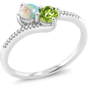 Gem Stone King 10K White Gold Forever United 2 Stone White Simulated Opal and Green Peridot and Diamond Engagement Ring For Women (0.72 Cttw, Round, Avaiable in Size 5,6,7,8,9)