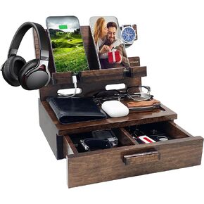 VEIYAILU Gifts for Men Women Husband Son Boyfriend Him Nightstand Organizer Wood Phone Docking Station Gift Ideas for Birthday Mother's Day,Father's Day, Christmas, and Valentine's Day (Walnut)
