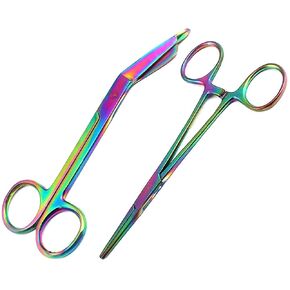 AAProTools New Premium Lister Bandage Scissors 5.5" + Hemostat Forceps Straight Multi Color Rainbow Color Stainless Steel (Set of 2)