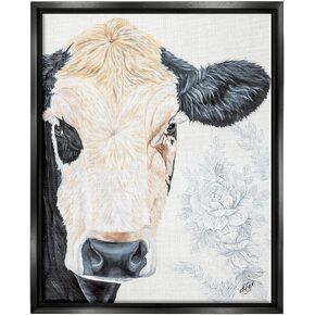 Stupell Industries Floral Cow Farmhouse Rural Portrait Framed Floater Canvas Wall Art, Design by Diane Fifer