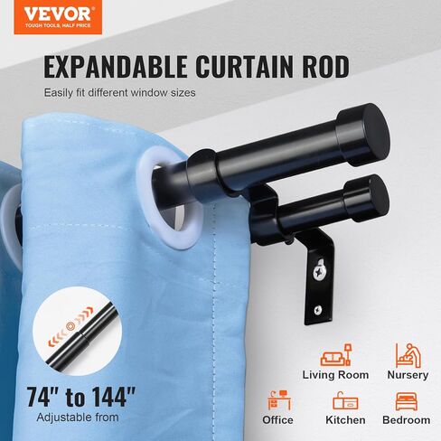 VEVOR Double Rod Curtain Rods, 36-72 inches(3-6ft) Adjustable Length, Black Double Curtain Rods with Cap Finials, 1" and 3/4" Diameter, Double Window Drapery Rod for Sheer and Blackout Curtains in Saudi Arabia