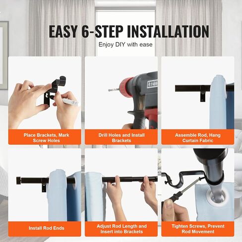 VEVOR Double Rod Curtain Rods, 36-72 inches(3-6ft) Adjustable Length, Black Double Curtain Rods with Cap Finials, 1" and 3/4" Diameter, Double Window Drapery Rod for Sheer and Blackout Curtains in Saudi Arabia