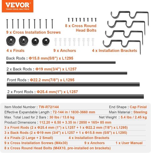 VEVOR Double Rod Curtain Rods, 36-72 inches(3-6ft) Adjustable Length, Black Double Curtain Rods with Cap Finials, 1" and 3/4" Diameter, Double Window Drapery Rod for Sheer and Blackout Curtains in Saudi Arabia
