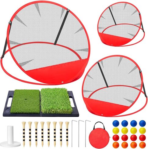 ShinyRelief Golf Chipping Net 3 أحجام منبثقة شبكة مستهدفة للجولف مع حصيرة جولف قابلة للطي 16 كرة جولف 8 تي شيرت جولف 1 مقعد كرة وحقيبة حمل لممارسة الرجال الهدايا في الأماكن المغلقة والخارجية في الفناء الخلفي للمنزل in Saudi Arabia