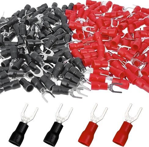 Teansic 200 Pcs 22-16 AWG #8 Black & Red Insulated Fork Spade Wire Connector U Type Electrical Crimp Terminals (100 Pcs Red +100 Pcs Black) in Saudi Arabia