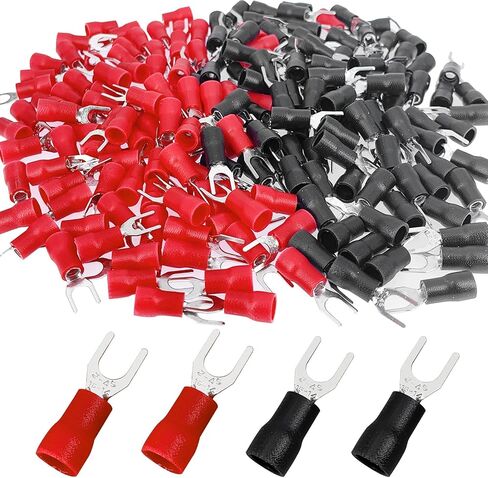 Teansic 200 Pcs 22-16 AWG #8 Black & Red Insulated Fork Spade Wire Connector U Type Electrical Crimp Terminals (100 Pcs Red +100 Pcs Black) in Saudi Arabia