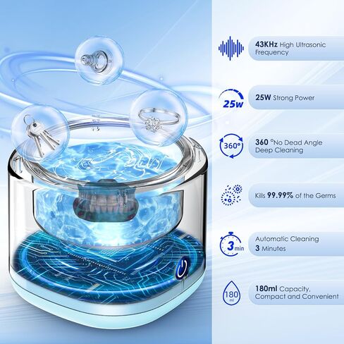 Wuven Ultrasonic Cleaner for Dentures, Invisalign, Mouth Guard, Aligner, Whitening Trays, 43kHz 180ML Portable Ultrasonic Jewelry Cleaner Ultrasonic Retainer Cleaner for Home and Travel Use Blue in Saudi Arabia