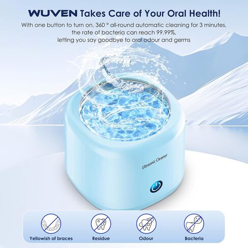 Wuven Ultrasonic Cleaner for Dentures, Invisalign, Mouth Guard, Aligner, Whitening Trays, 43kHz 180ML Portable Ultrasonic Jewelry Cleaner Ultrasonic Retainer Cleaner for Home and Travel Use Blue in Saudi Arabia