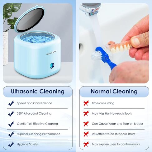 Wuven Ultrasonic Cleaner for Dentures, Invisalign, Mouth Guard, Aligner, Whitening Trays, 43kHz 180ML Portable Ultrasonic Jewelry Cleaner Ultrasonic Retainer Cleaner for Home and Travel Use Blue in Saudi Arabia
