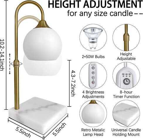 Pridcier Candle Warmer Lamp with Dimmer, Electric Candle Warmer for Jar Candles, Marble Base,Bedroom Home Decor, 2H/4H/8H Timer Adjustable Height with 2 Bulbs in Saudi Arabia