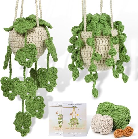 kdafio Crochet Kit for Beginners, 2PC Hanging Potted Plants Crochet Starter Kit with Step-by-Step Instructions and Video Tutorials Complete Crochet Kit for Beginners Decoration (Leaf Potted Plant) in Saudi Arabia