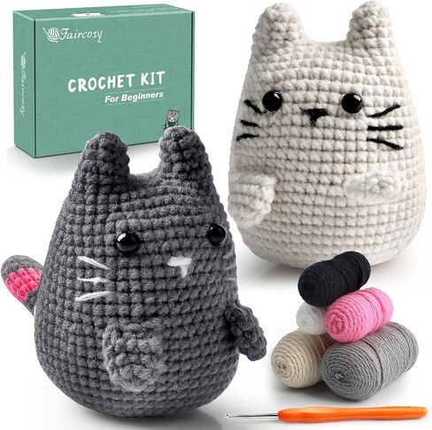 Faircosy Crochet Kit for Beginners Crocheting: Crochet Animal Kits for Kids & Adults - Learn to Knitting Cat Amigurumi Starter Kit with Detailed Tutorial Video and Instructions (White-Grey in Saudi Arabia