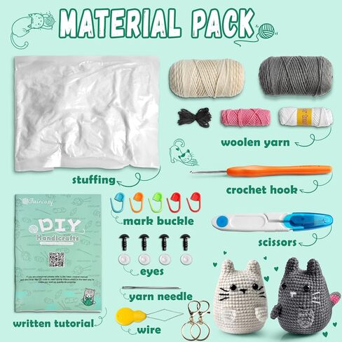 Faircosy Crochet Kit for Beginners Crocheting: Crochet Animal Kits for Kids & Adults - Learn to Knitting Cat Amigurumi Starter Kit with Detailed Tutorial Video and Instructions (White-Grey in Saudi Arabia