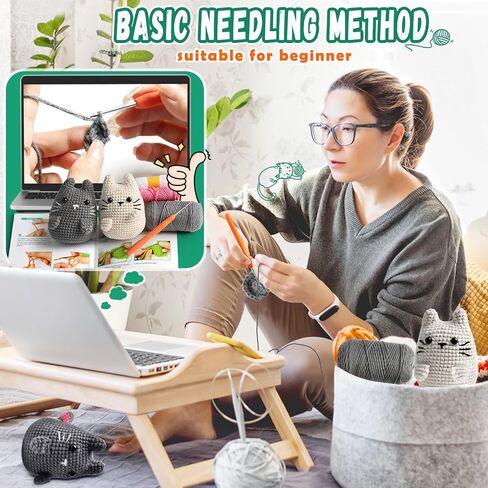 Faircosy Crochet Kit for Beginners Crocheting: Crochet Animal Kits for Kids & Adults - Learn to Knitting Cat Amigurumi Starter Kit with Detailed Tutorial Video and Instructions (White-Grey in Saudi Arabia