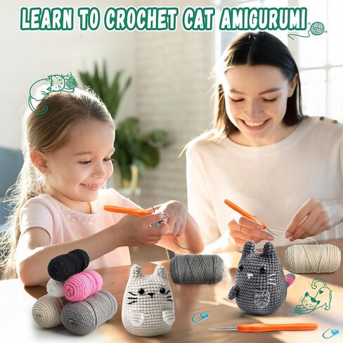 Faircosy Crochet Kit for Beginners Crocheting: Crochet Animal Kits for Kids & Adults - Learn to Knitting Cat Amigurumi Starter Kit with Detailed Tutorial Video and Instructions (White-Grey in Saudi Arabia