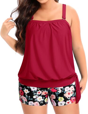 Tempt Me Plus Size Tankini Swimsuits for Women Bandeau Two Piece Bathing Suit Top with Shorts Blouson Swimwear in Saudi Arabia