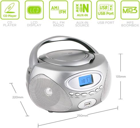 HANNLOMAX HX-311CD Portable CD/MP3 Boombox, PLL AM/FM Radio, USB Port for MP3 Playback, Aux-in, LCD Display, AC/DC Power Source (Silver) in Saudi Arabia
