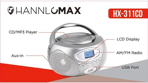 HANNLOMAX HX-311CD Portable CD/MP3 Boombox, PLL AM/FM Radio, USB Port for MP3 Playback, Aux-in, LCD Display, AC/DC Power Source (Silver) in Saudi Arabia