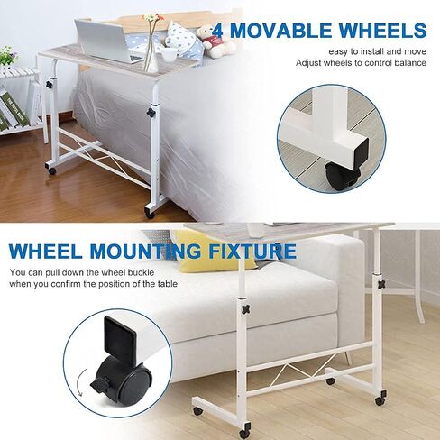 longdafei Laptop Table Desk Adjustable Height Sofa Bed Side Rolling Desk, Mobile Laptop Cart Portable Tray Table for Home Office, Desktop 23.62 x 15.74 inch Computer Workstation Table with Wheels in Saudi Arabia