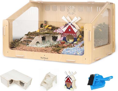 Wooden Hamster Decor Kit, 3-Chamber Wood Hamster House Maze Hideout Habitats with Climbing Ladder and Beauty Pinwheel House for Small Pets, Syrian Hamster Mice Gerbils Mouse, Lemmings (Small Size) in Saudi Arabia