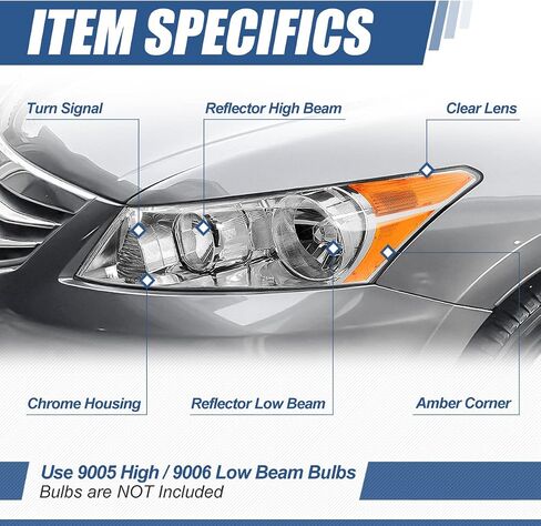Auto Dynasty [مجموعة المصابيح الأمامية على طراز مصنع الهالوجين المتوافقة مع Honda Accord Sedan 4-Door 08-12، جانب السائق والراكب، زاوية كهرماني مبيت من الكروم in Kuwait