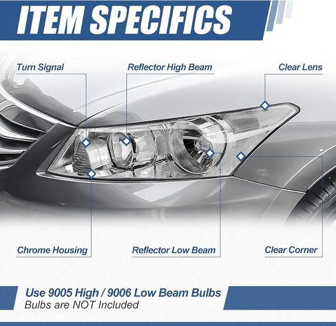 Auto Dynasty [مجموعة المصابيح الأمامية على طراز مصنع الهالوجين المتوافقة مع Honda Accord Sedan 4-Door 08-12، جانب السائق والراكب، زاوية كهرماني مبيت من الكروم in Kuwait