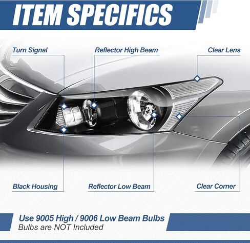 Auto Dynasty [مجموعة المصابيح الأمامية على طراز مصنع الهالوجين المتوافقة مع Honda Accord Sedan 4-Door 08-12، جانب السائق والراكب، زاوية كهرماني مبيت من الكروم in Kuwait