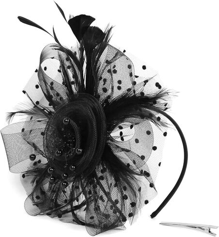 قبعة LXKBD Fascinators مزودة بريش شبكي على شكل زهرة على عصابة رأس ومشبك شعر وأغطية رأس لحفلات الكوكتيل والشاي للفتيات والنساء باللون الأسود in Kuwait