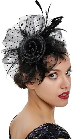 قبعة LXKBD Fascinators مزودة بريش شبكي على شكل زهرة على عصابة رأس ومشبك شعر وأغطية رأس لحفلات الكوكتيل والشاي للفتيات والنساء باللون الأسود in Kuwait
