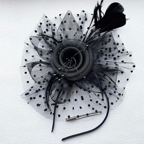 قبعة LXKBD Fascinators مزودة بريش شبكي على شكل زهرة على عصابة رأس ومشبك شعر وأغطية رأس لحفلات الكوكتيل والشاي للفتيات والنساء باللون الأسود in Kuwait